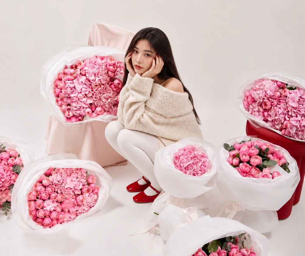 Woman surrounded by handcrafted pink rose and hydrangea bouquets